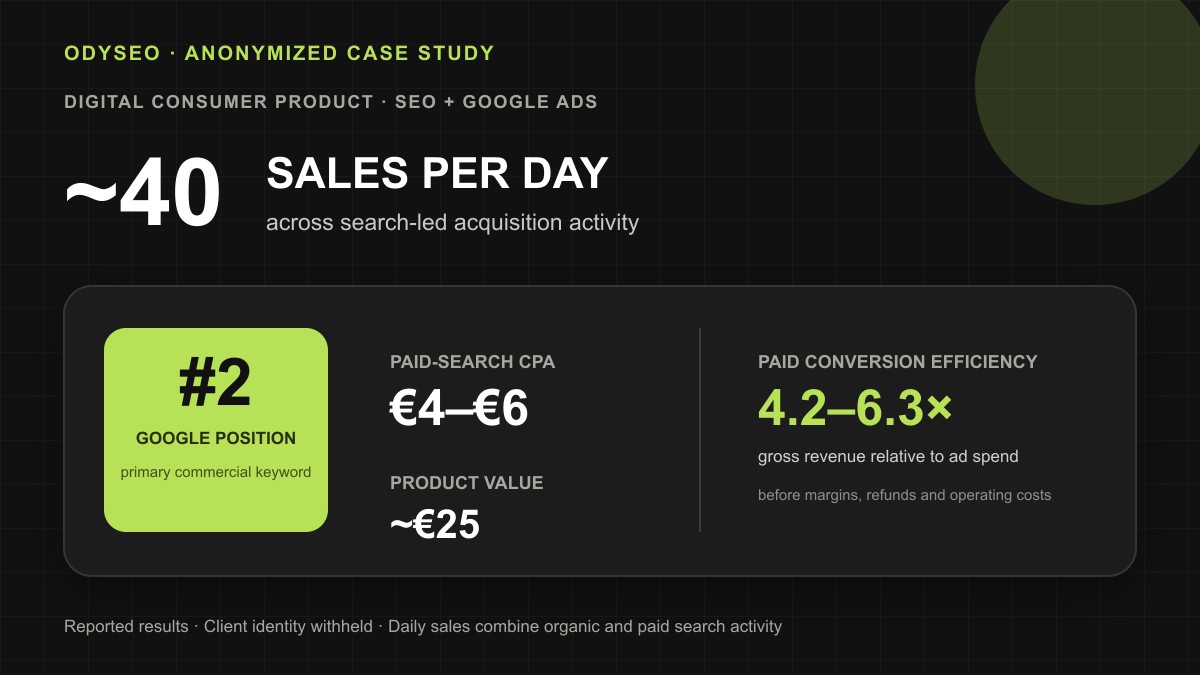 Approximately 40 sales per day across search-led acquisition, with a #2 Google position and €4–€6 paid-search CPA