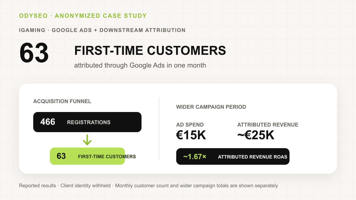 63 first-time customers attributed through Google Ads in one month, from 466 registrations